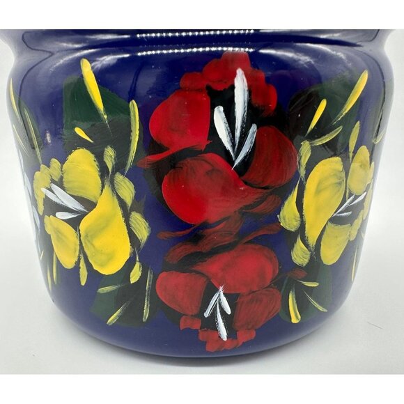 Vintage Enamel Jar Canister Blue Hand Painted Flowers Cork Lid Poland Storage - Picture 7 of 9